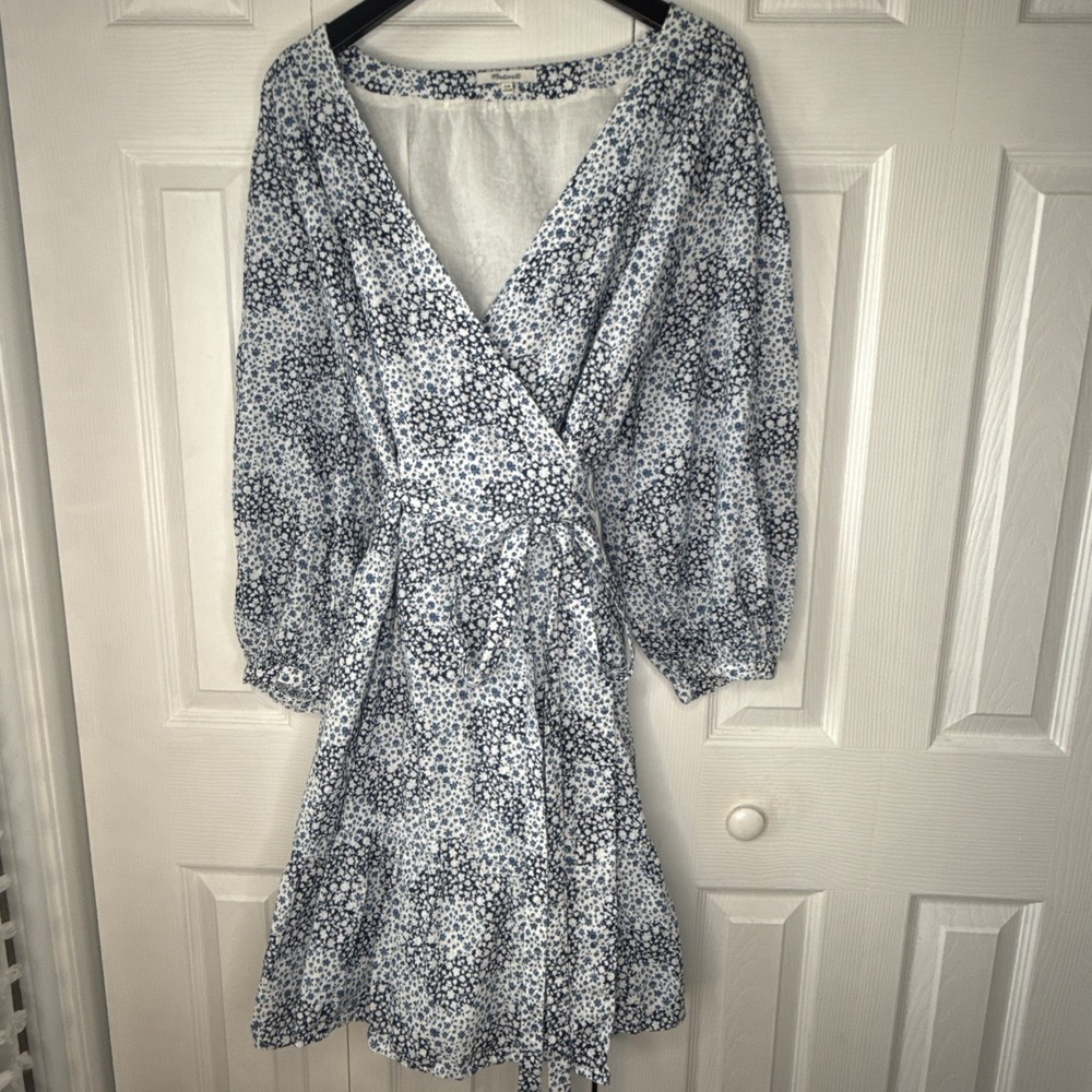 Madewell Crinkle Wrap Mini Dress Quilted Floral Blue 22W 100% Cotton + Pockets!
